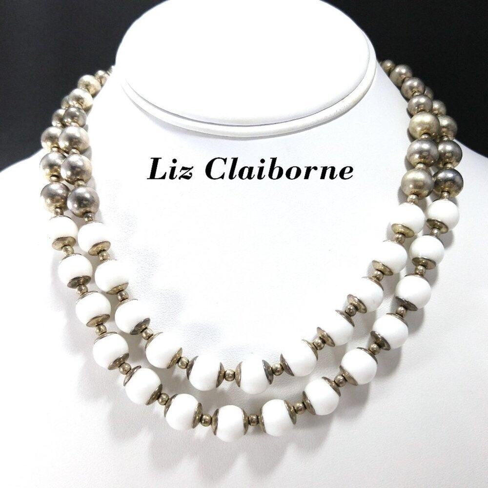 Vintage Liz Claiborne White Lucite Beaded Necklace, Silver Tone, 19 In